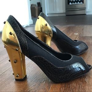 Proenza Schouler Gold Studded Peep Toe Heels, 36